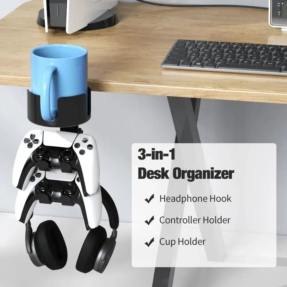 Frost Glow Cosmetics 360° rotating headphone holder & controller stand. Space-saving desk clamp design with adjustable hanger.