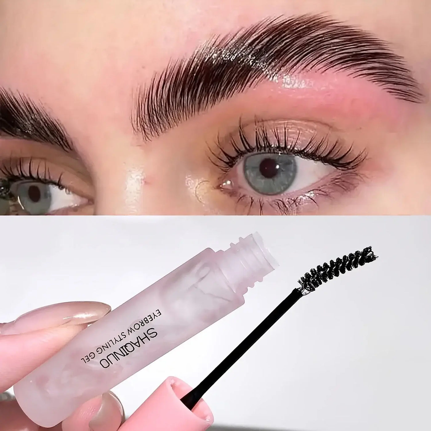 Frost Glow Cosmetics 3D brow gel for bold, natural brows. Clear, waterproof, smudge-proof eyebrow styling gel with long-lasting hold.