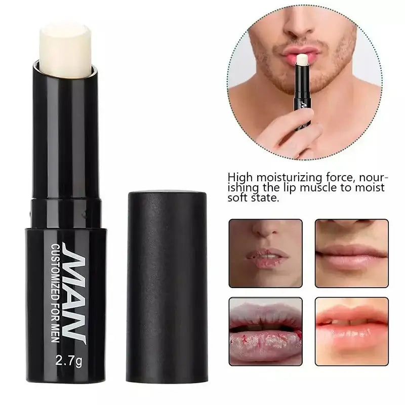 Frost Glow Cosmetics men’s lip balm gives lasting moisture, fades lip lines & fights dryness. Non-sticky daily lip care for men.