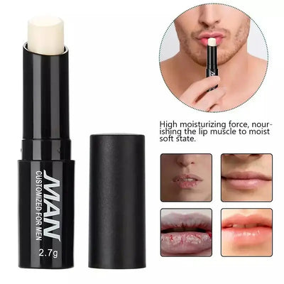 Frost Glow Cosmetics men’s lip balm gives lasting moisture, fades lip lines & fights dryness. Non-sticky daily lip care for men.