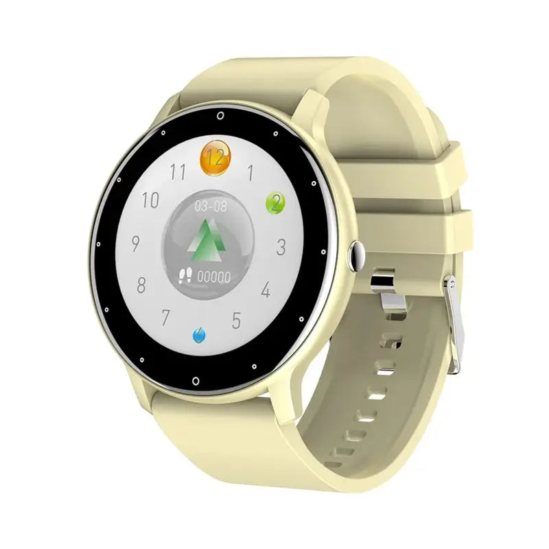 Frost Glow Cosmetics women’s smart watch with IP67 waterproof design, real-time weather, WhatsApp alerts & fitness tracking.