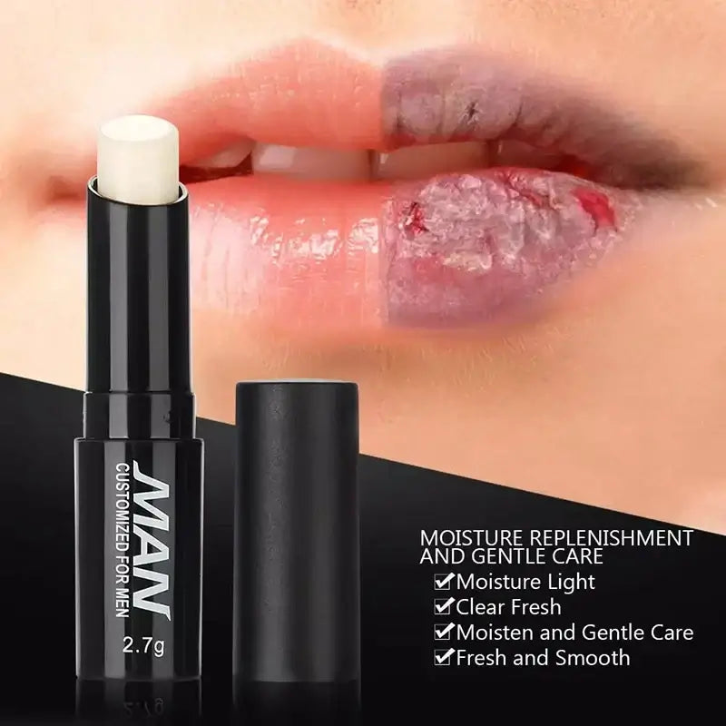 Frost Glow Cosmetics men’s lip balm gives lasting moisture, fades lip lines & fights dryness. Non-sticky daily lip care for men.