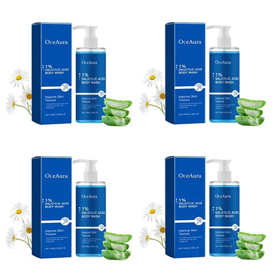OceAura 1% Salicylic Acid Body Wash in packaging, showcasing moisturizing skin benefits, used by a person in the shower.