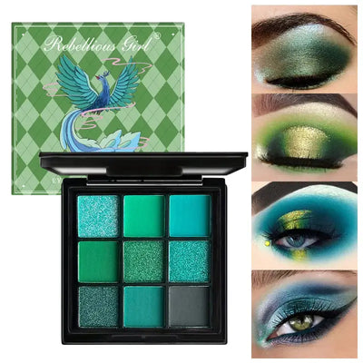 Frost Glow Cosmetics 9-color eyeshadow palette. Shimmer & matte shades for vibrant festival, party & stage-ready eye makeup looks.