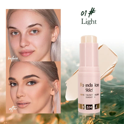Frost Glow Cosmetics Waterproof Cream Foundation Stick in Golden, showcasing before and after skin transformation.