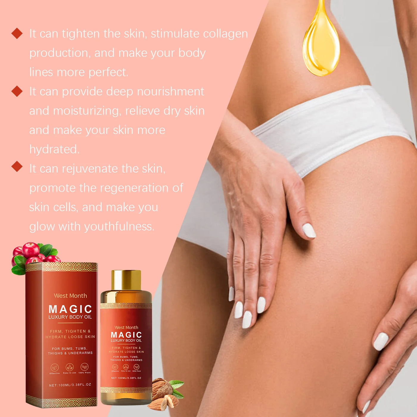 Deeply moisturizing luxury body oil. Firms, nourishes & repairs dry skin while softening chest, thighs & body for rejuvenation.