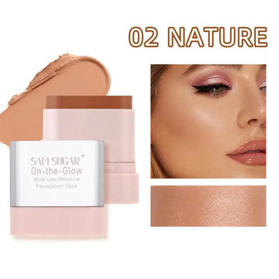 Sam Sugar On-the-Glow Multi-Use Moisture Foundation Stick with swatches and models showcasing radiant makeup looks.
