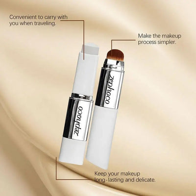 Double-head color-changing foundation stick from Frost Glow Cosmetics, displayed with three shades on a model's face.