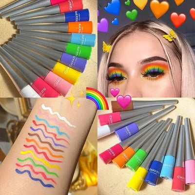 Frost Glow Cosmetics colorful liquid eyeliner pens. Waterproof, matte, easy-to-wear in blue, red, green, white, gold & brown shades.