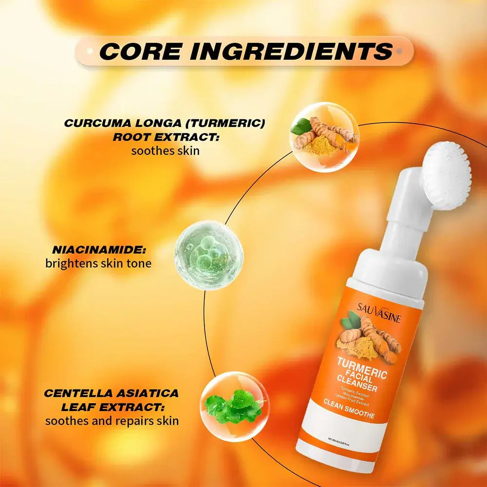 Frost Glow Cosmetics turmeric & lemon cleanser brightens, moisturizes & evens skin tone. Gentle foaming face wash with brush.
