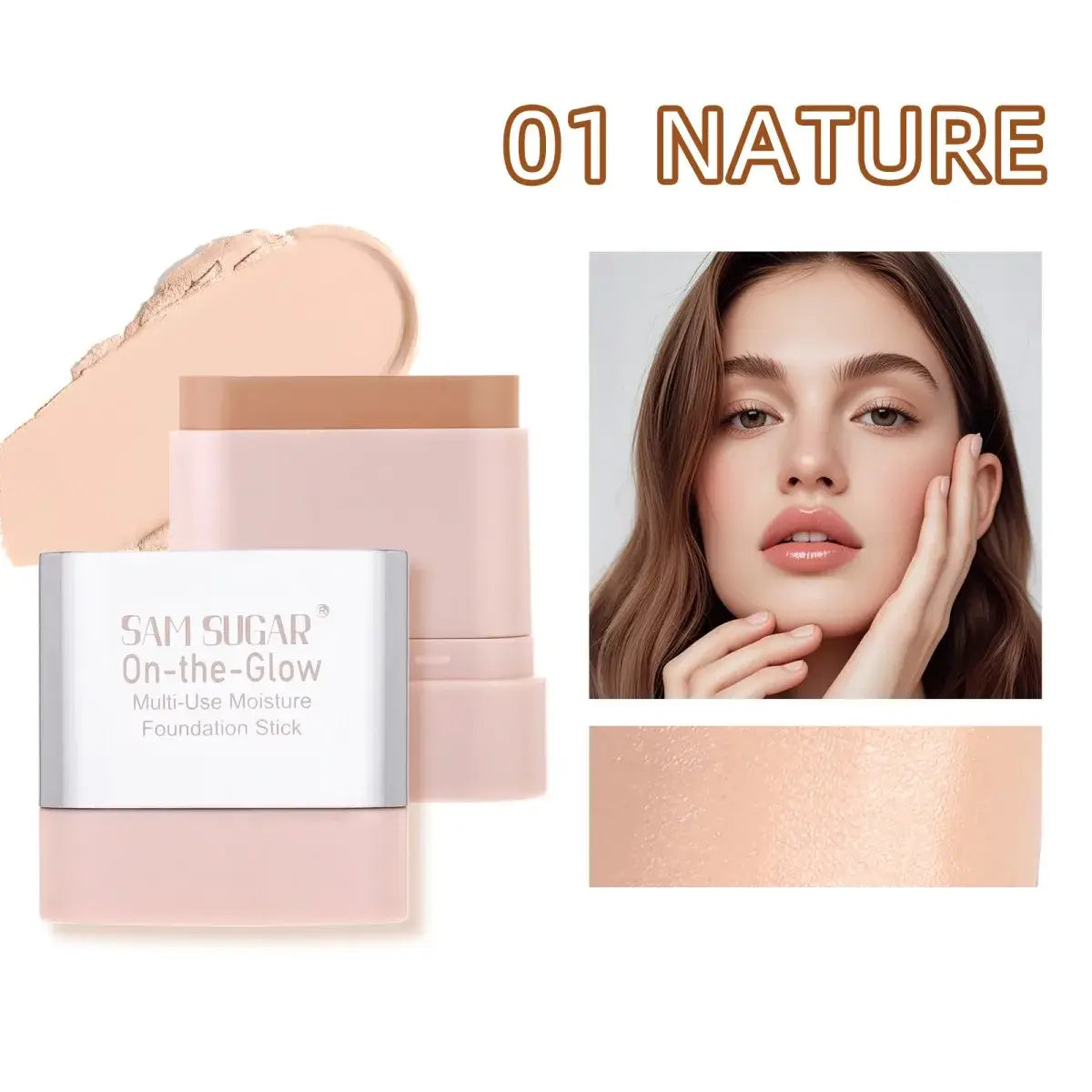Sam Sugar On-the-Glow Multi-Use Moisture Foundation Stick with swatches and models showcasing radiant makeup looks.