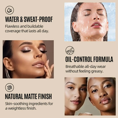 Sam Sugar On-the-Glow Multi-Use Moisture Foundation Stick with swatches and models showcasing radiant makeup looks.
