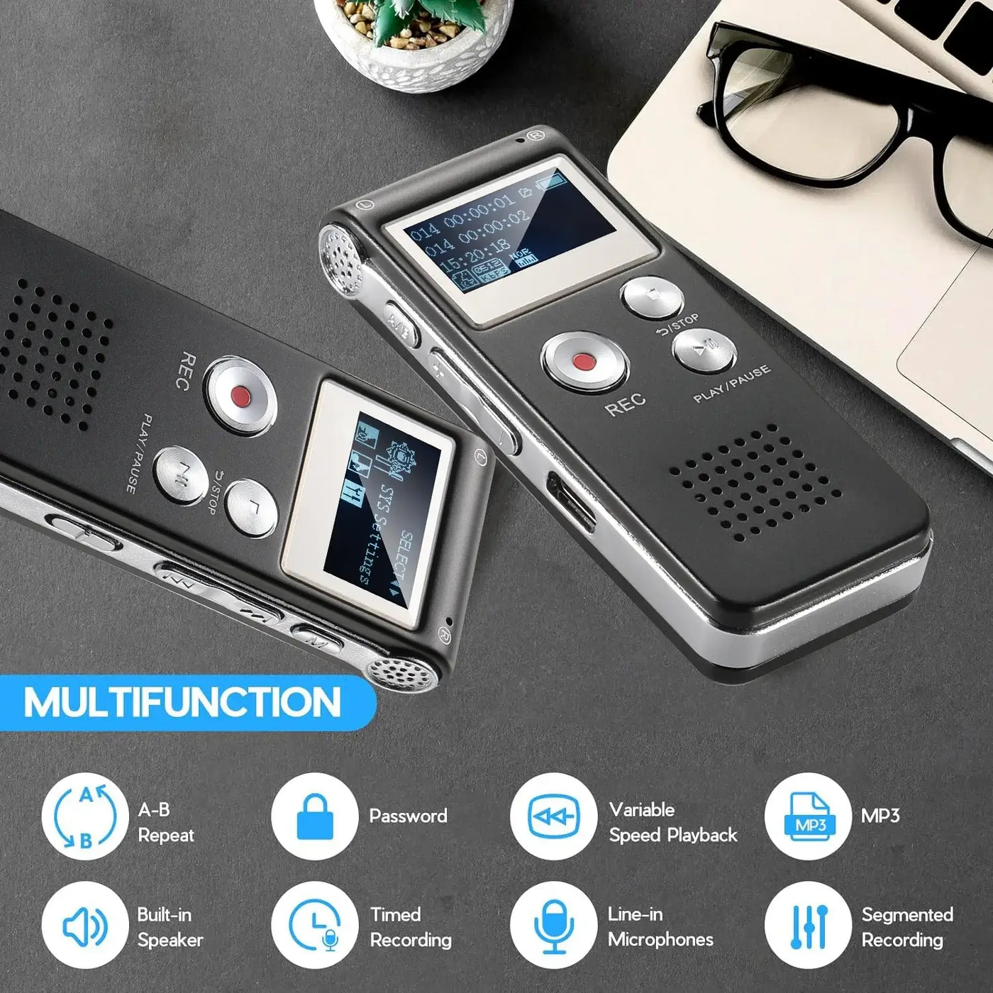 Frost Glow Cosmetics mini voice-activated recorder with MP3 & USB. Small, upgraded audio recorder for lectures, meetings & notes.