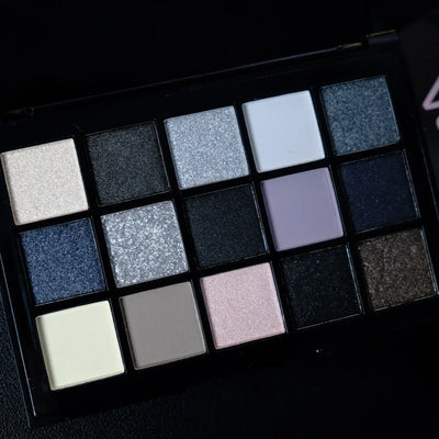 Frost Glow Cosmetics smokey eyeshadow palette. 15 neutral, shimmer & pearly sequin shades for bold punk or soft glam looks.