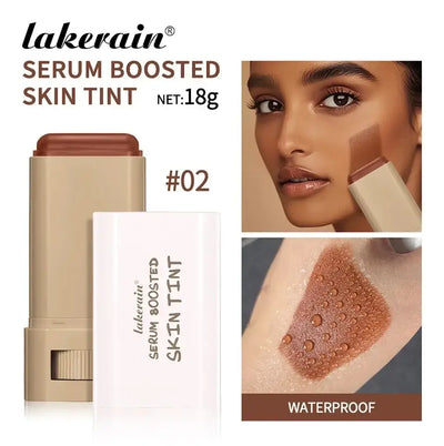 Lakerain Serum Boosted Skin Tint in shade #02, showcasing waterproof formula with model applying on skin.