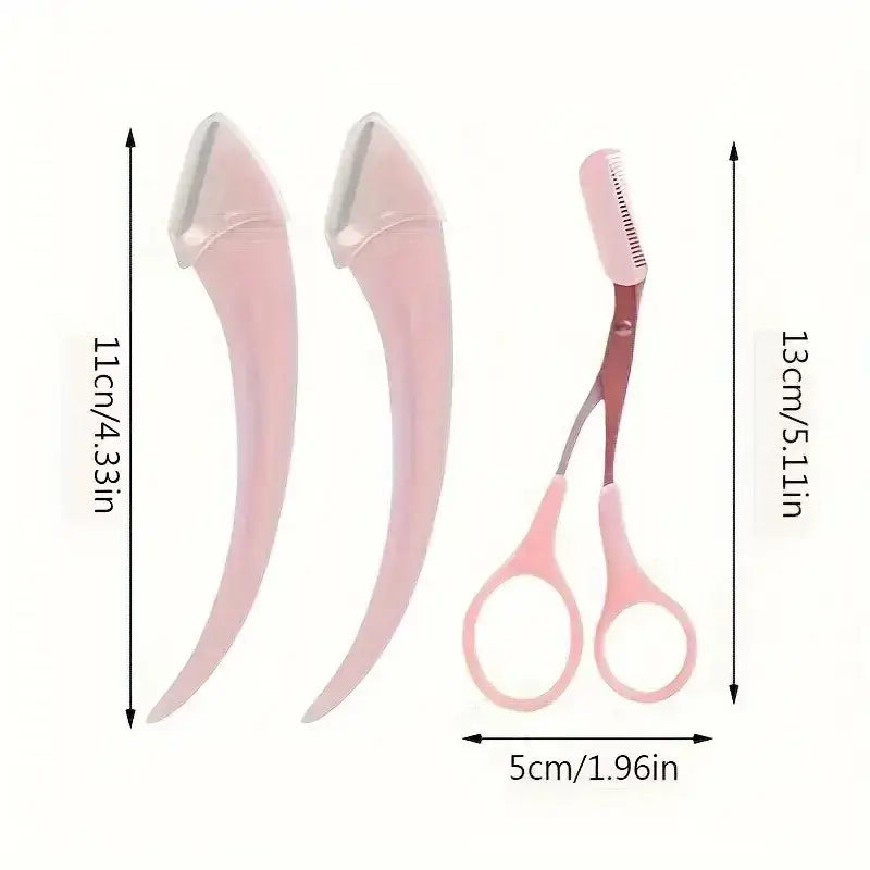 Frost Glow Cosmetics eyebrow trimmer set with curved razor, scissors & comb. Easy beauty tools for shaping brows at home.