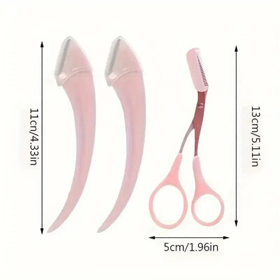 Frost Glow Cosmetics eyebrow trimmer set with curved razor, scissors & comb. Easy beauty tools for shaping brows at home.