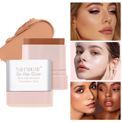 Sam Sugar On-the-Glow Multi-Use Moisture Foundation Stick with swatches and models showcasing radiant makeup looks.