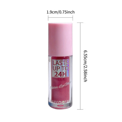 Frost Glow Cosmetics lip gloss with glitter glaze on sparkling pink lips, showcasing long-lasting shimmer in a stylish design.