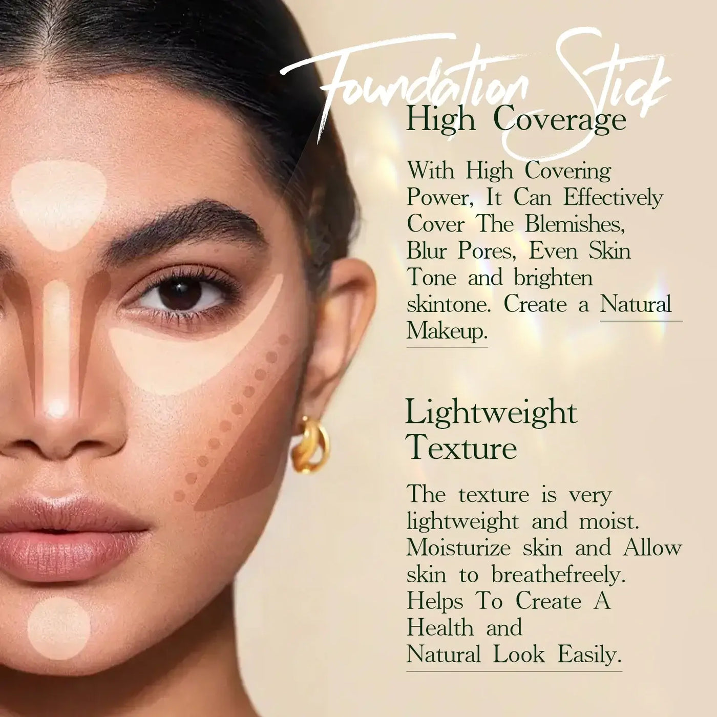 Frost Glow Cosmetics Waterproof Cream Foundation Stick in Golden, showcasing before and after skin transformation.