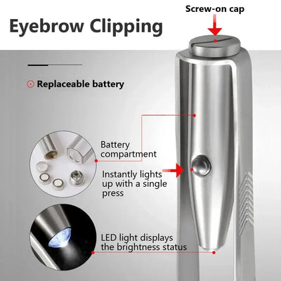 LED lighted tweezers for precise eyebrow shaping. Durable stainless steel design with illumination for accuracy. Shop Frost Glow Cosmetics today!