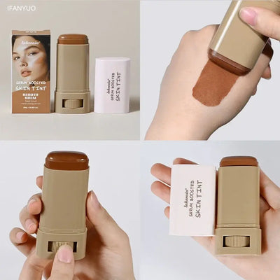 Frost Glow Cosmetics Balm Skin Eraser Stick displayed with various shades and models showcasing diverse skin tones.