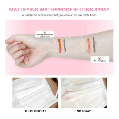 Frost Glow Cosmetics mattifying waterproof setting spray. Oil-control, non-sticky, glossy matte base fixer for all skin types.