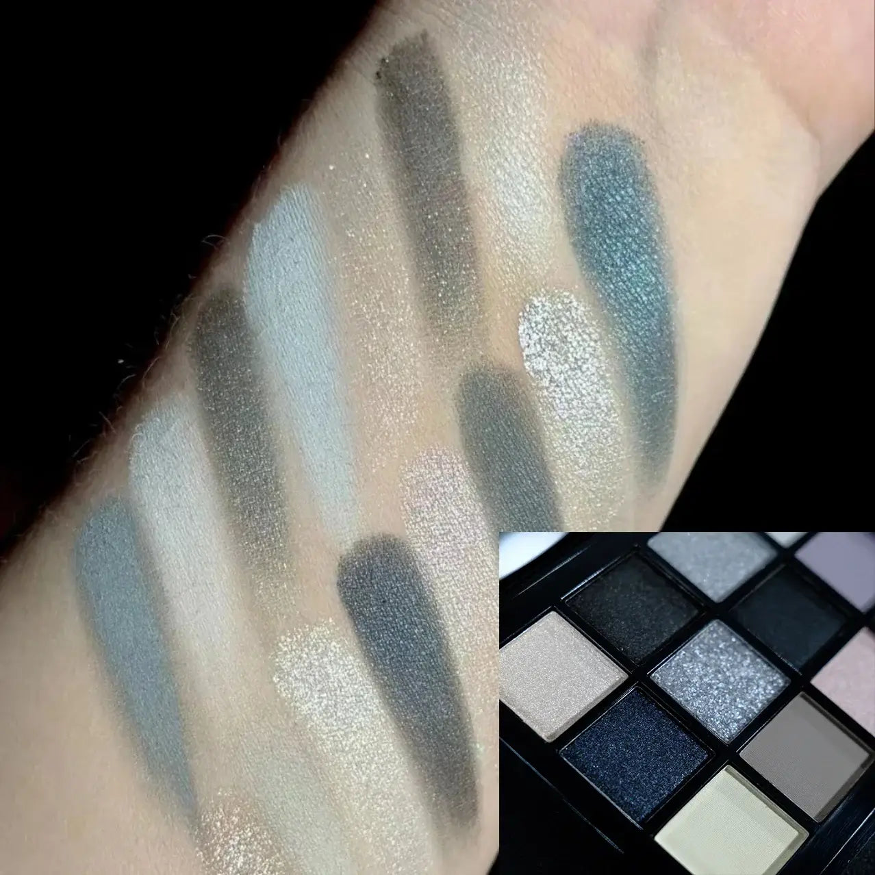 Frost Glow Cosmetics smokey eyeshadow palette. 15 neutral, shimmer & pearly sequin shades for bold punk or soft glam looks.
