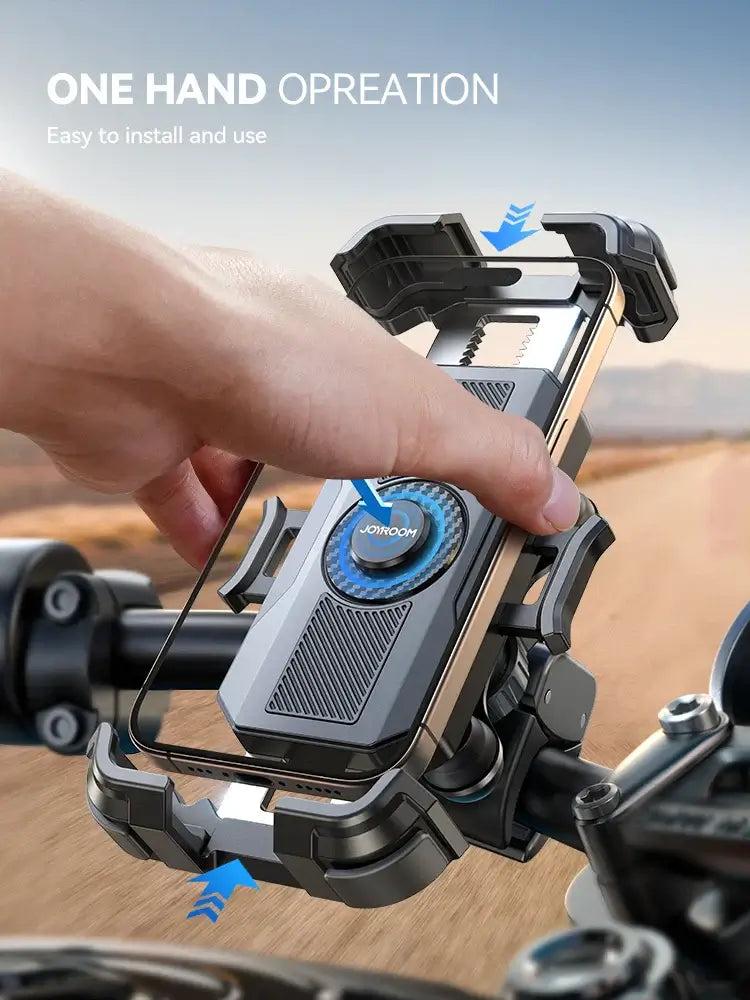 Frost Glow Cosmetics Joyroom motorcycle phone holder. Anti-vibration mount for 4.7–7" phones, secure handlebar bike accessory.