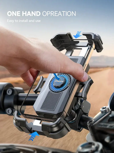 Frost Glow Cosmetics Joyroom motorcycle phone holder. Anti-vibration mount for 4.7–7" phones, secure handlebar bike accessory.