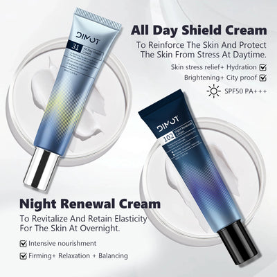 Frost Glow Cosmetics day & night cream firms, hydrates & soothes with niacinamide & centella asiatica for all-day facial care.