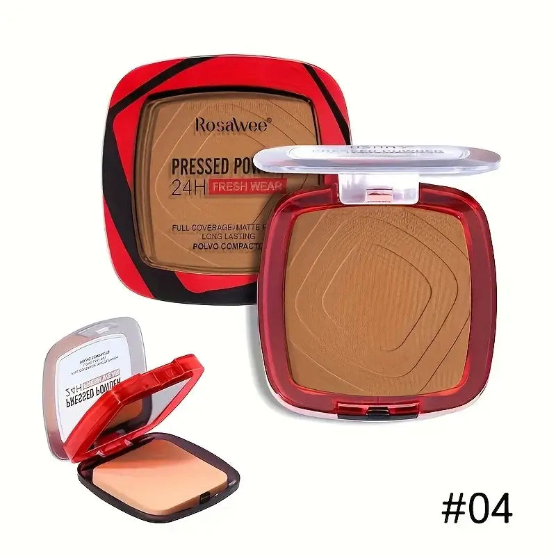 Frost Glow Cosmetics matte pressed powder foundation. Full coverage, 24H wear, weightless finish with puff applicator for all-day makeup.