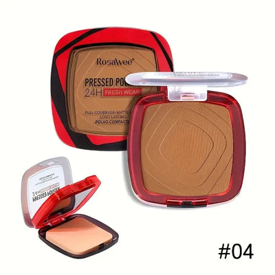 Frost Glow Cosmetics matte pressed powder foundation. Full coverage, 24H wear, weightless finish with puff applicator for all-day makeup.