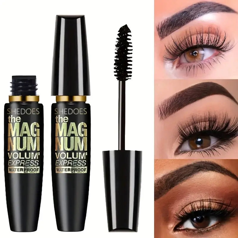 Frost Glow Cosmetics 4D black mascara. Waterproof liquid fiber formula for thickening, lengthening & curling lashes all day.