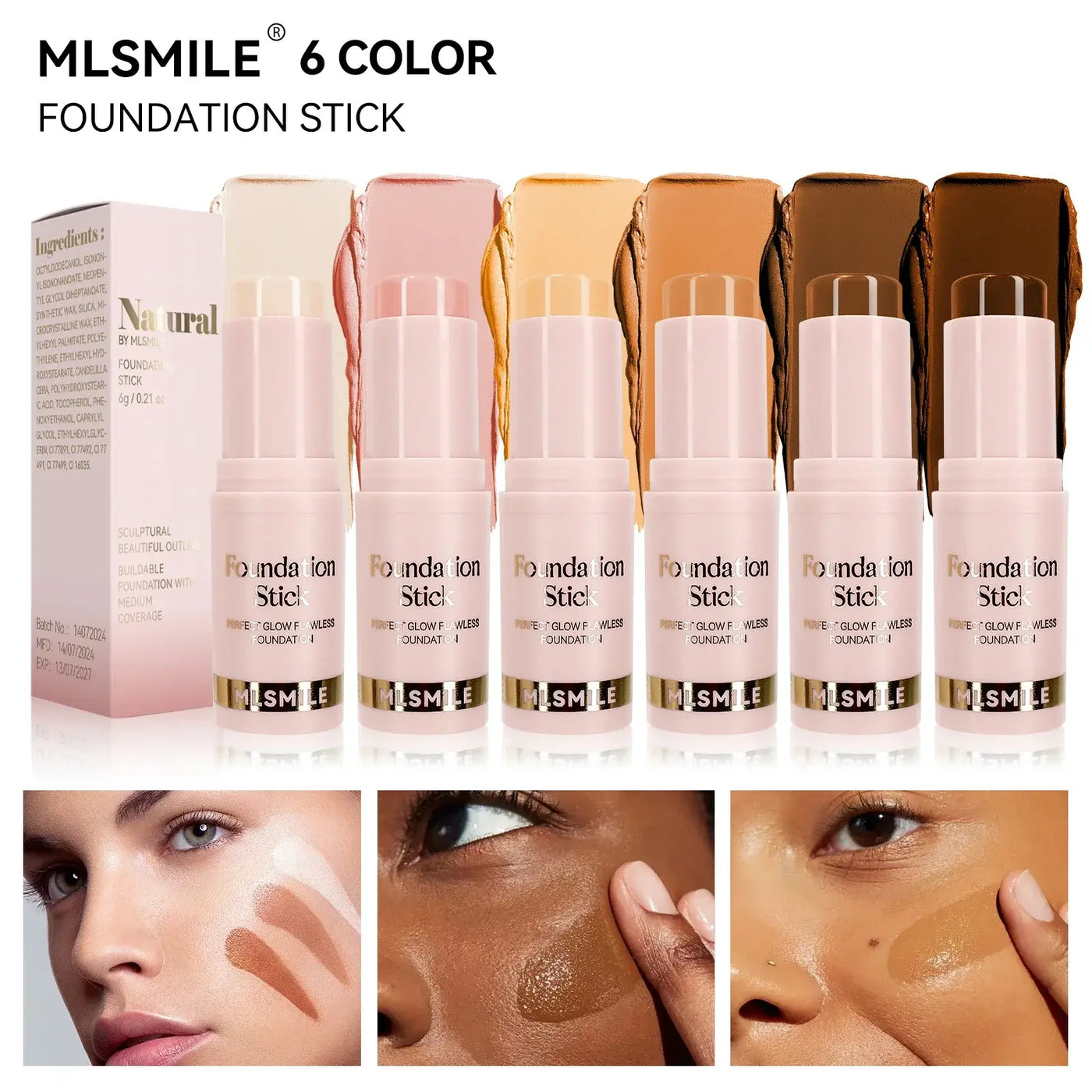 Frost Glow Cosmetics Waterproof Cream Foundation Stick in Golden, showcasing before and after skin transformation.