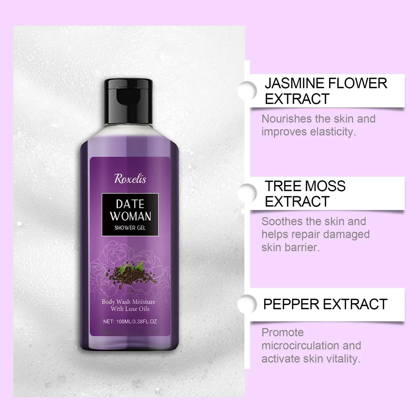 Roxelis Date Woman Shower Gel in 100ml bottle with lathered skin, promoting body wash moisture and luxury oils.