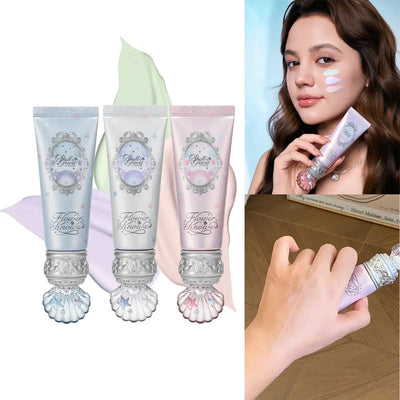 Frost Glow Cosmetics vegan makeup primers in stylish tubes, with a model showcasing application on skin.