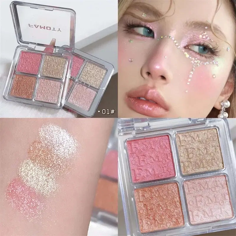 Frost Glow Cosmetics Shimmer Highlighter palette with four shades, featuring models showcasing a glittery makeup look.