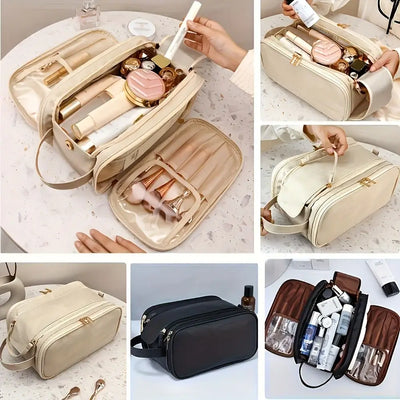 Luxury PU makeup pouch with large capacity. Multi-functional, odorless & portable cosmetic organizer for travel & daily use. Shop Frost Glow Cosmetics.