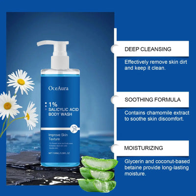 OceAura 1% Salicylic Acid Body Wash in packaging, showcasing moisturizing skin benefits, used by a person in the shower.