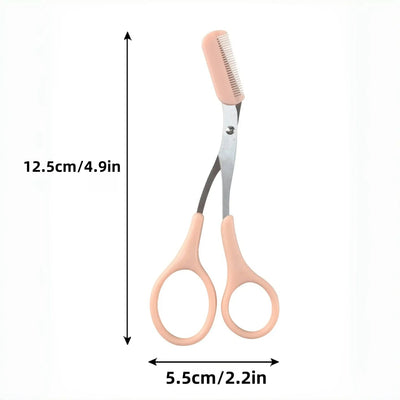Frost Glow Cosmetics pink eyebrow scissors with built-in comb. Stainless steel, precise grooming tool for shaping perfect brows.