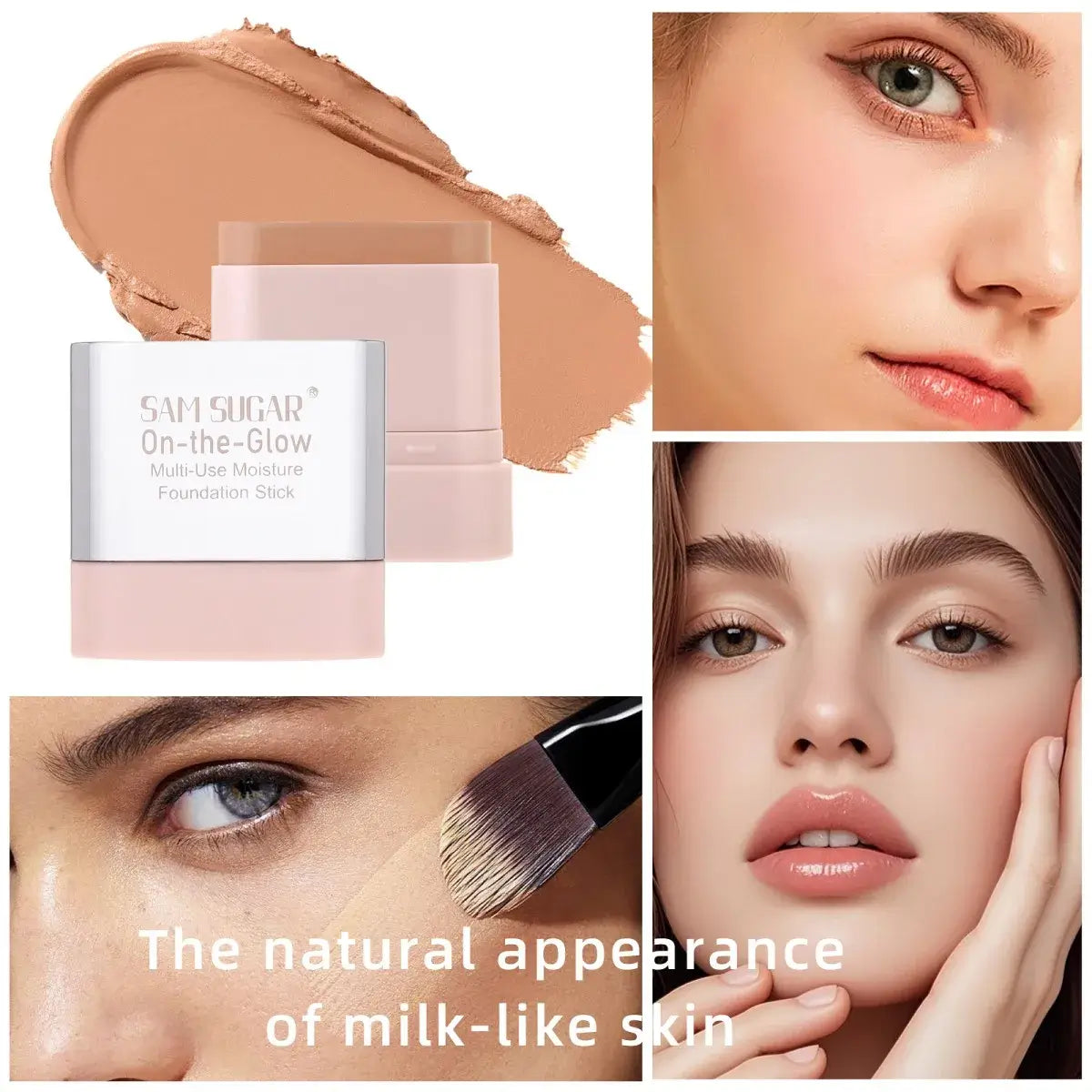 Sam Sugar On-the-Glow Multi-Use Moisture Foundation Stick with swatches and models showcasing radiant makeup looks.