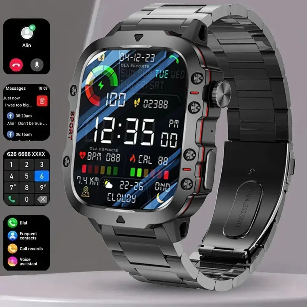 Conquer every challenge with Frost Glow Cosmetics 2025 Military Smart Watch – rugged, waterproof, fitness tracker & Bluetooth calls.