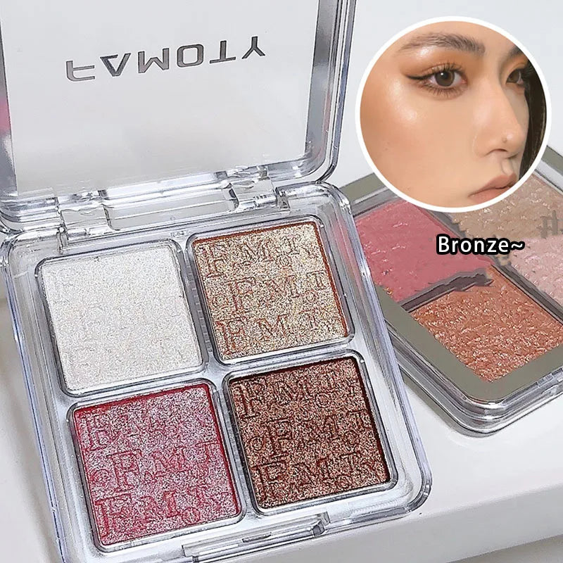 Frost Glow Cosmetics Highlighter Powder Palette showcasing shimmer shades and swatches on skin for a radiant glow.