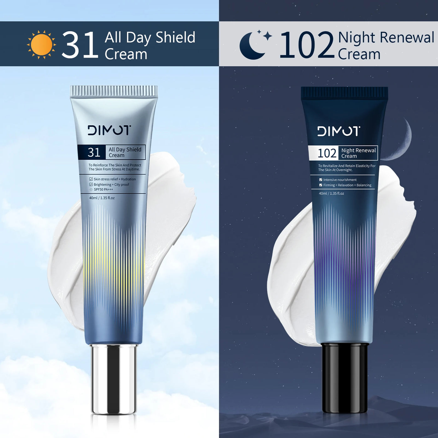 Frost Glow Cosmetics day & night cream firms, hydrates & soothes with niacinamide & centella asiatica for all-day facial care.