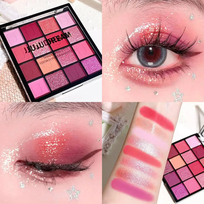 Frost Glow Cosmetics 16-color eyeshadow palette. Matte, pearl & glitter shades like Koi, Mermaid & Enchanted Forest for festival looks.