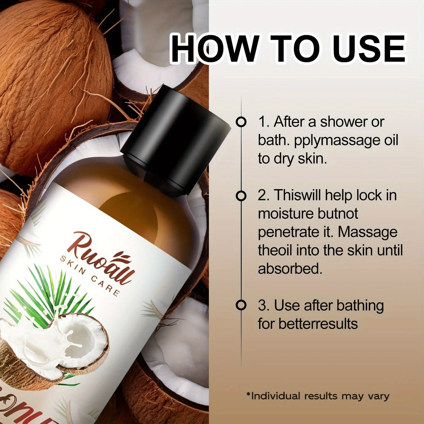 Rich coconut massage oil with lasting fragrance. Nourishes, hydrates & relaxes the body while enhancing skincare naturally.