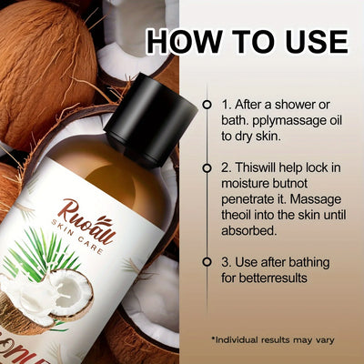 Rich coconut massage oil with lasting fragrance. Nourishes, hydrates & relaxes the body while enhancing skincare naturally.