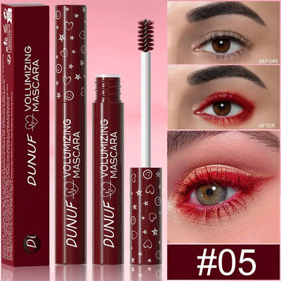 Frost Glow Cosmetics red mascara. Thickening, lengthening, curling, waterproof & anti-smudge formula for bold, lasting lash looks.