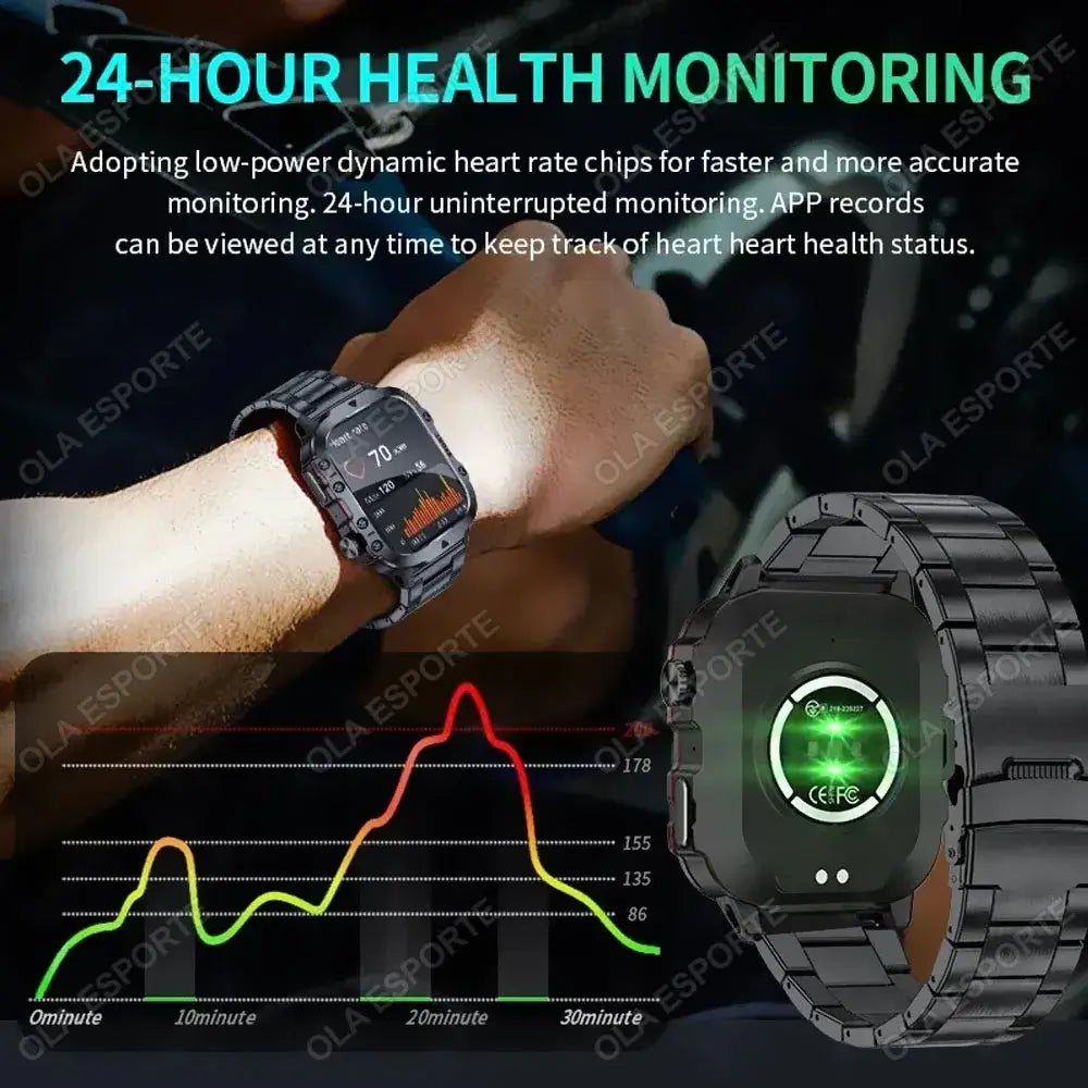 Conquer every challenge with Frost Glow Cosmetics 2025 Military Smart Watch – rugged, waterproof, fitness tracker & Bluetooth calls.
